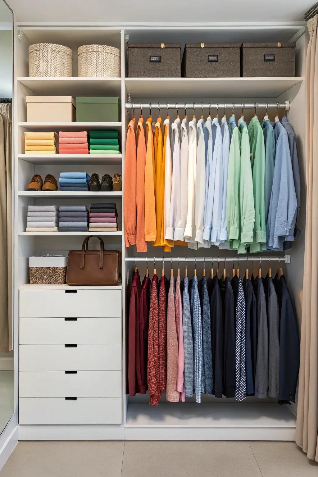 Clothing sorted by color for a tidy look.