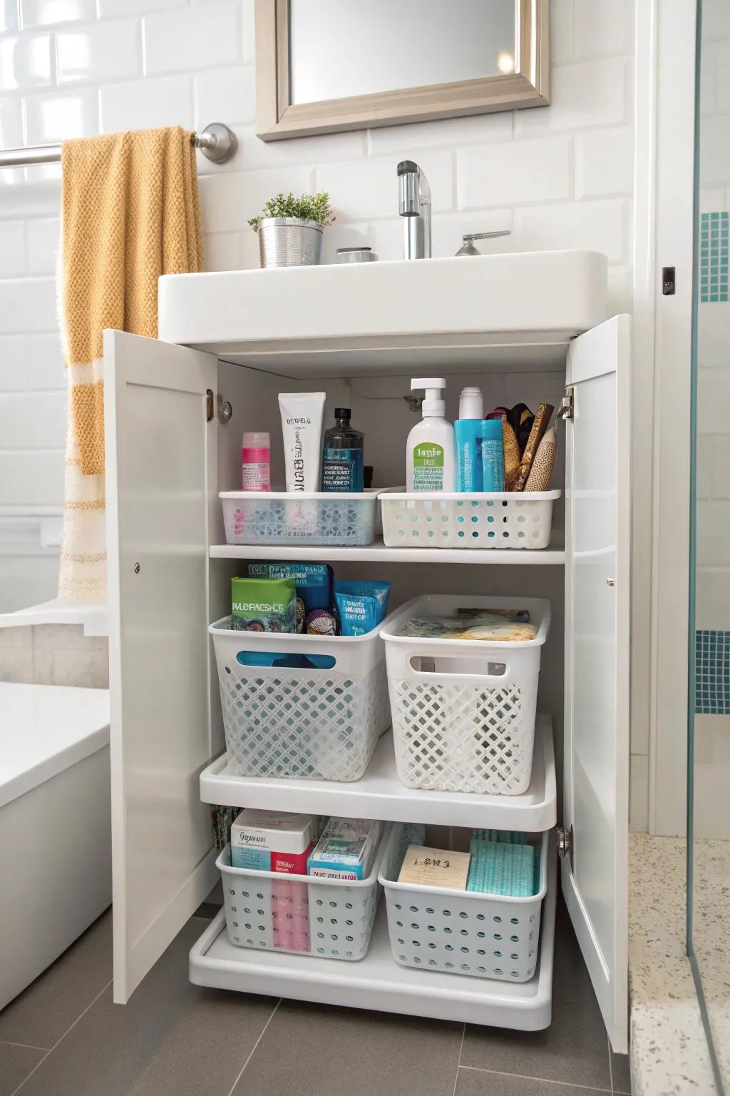 Stackable bins in a bathroom cabinet provide layered storage solutions.