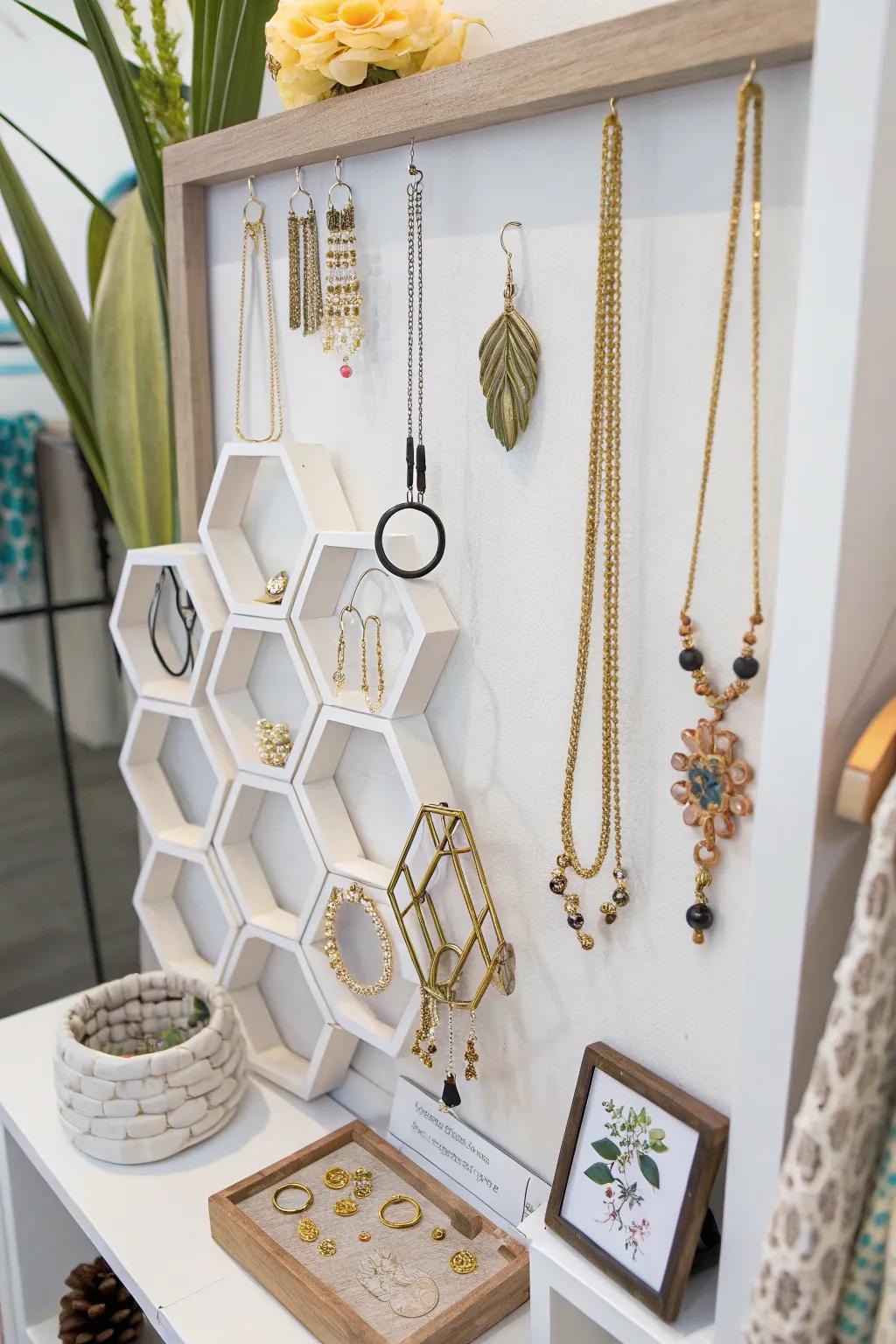 Unite utility and artistry using honeycomb wall hooks.
