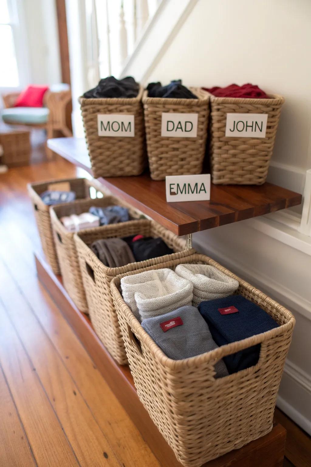 A laundry basket system simplifies sorting and stowing socks.