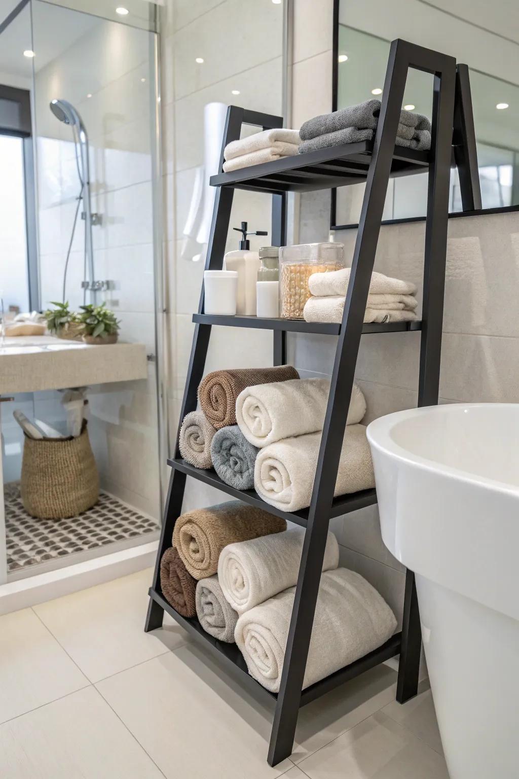 Leveled shelves display towels in a captivating style.
