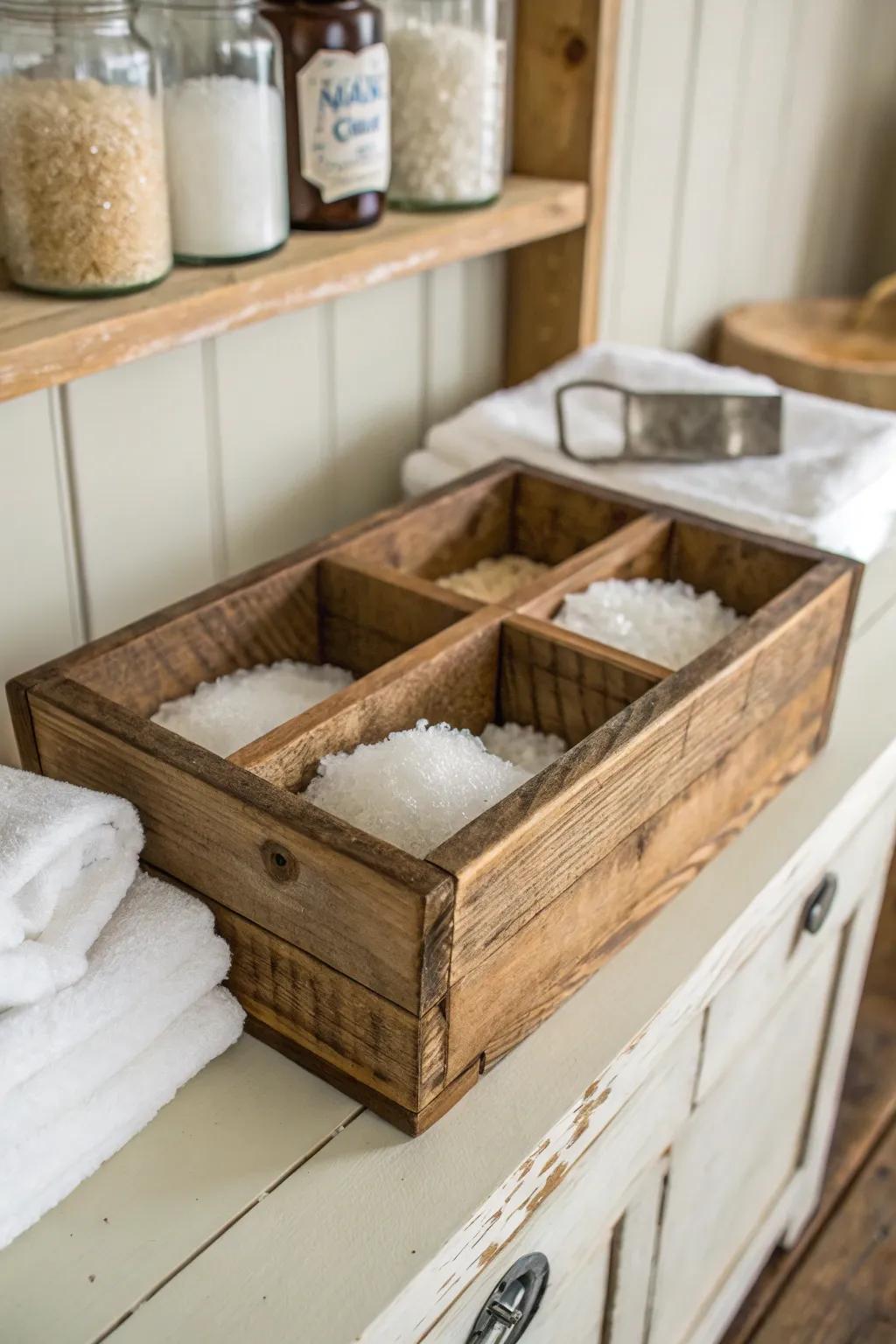 Charming and rustic Epsom salt storage in wooden boxes