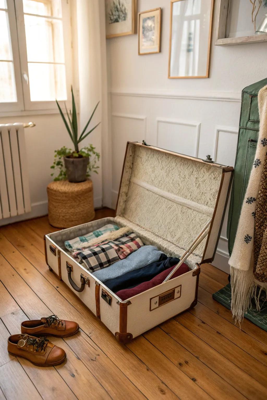 Repurpose a vintage suitcase for an exceptional leggings storage idea.