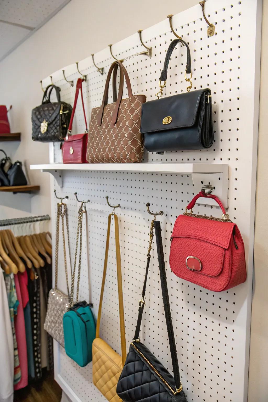 A perforated board panel delivering flexible and inventive handbag storage options.