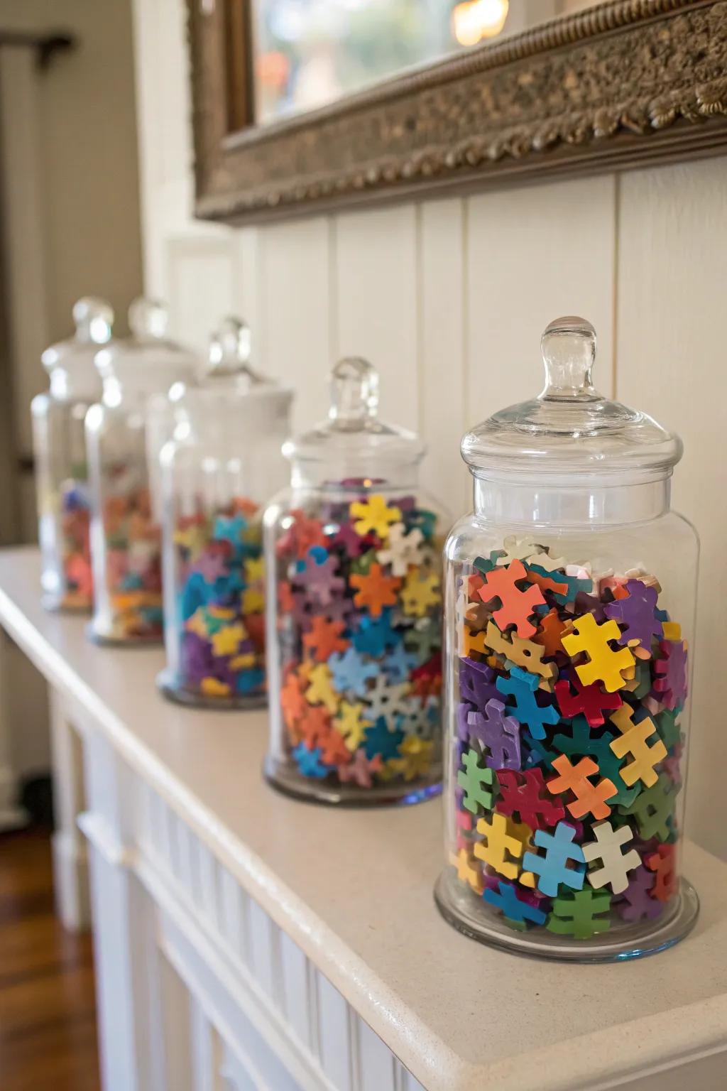 Glass jars elegantly displaying mini puzzle pieces.