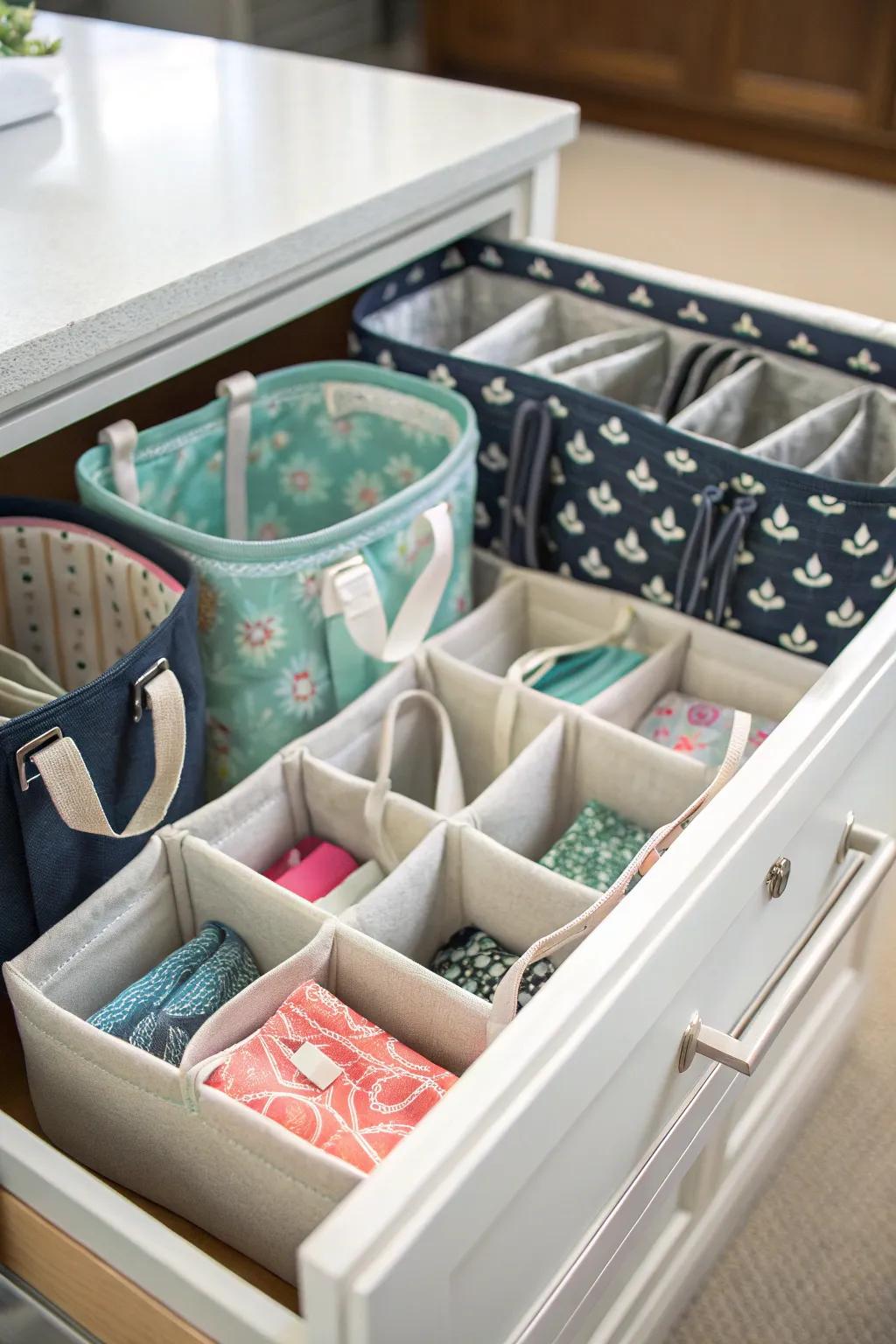 Drawer dividers help maintain order among tote bags.