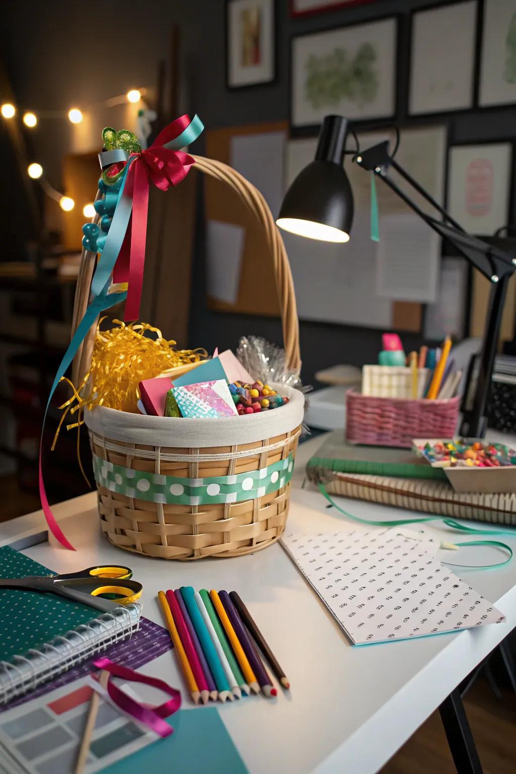 Layering materials adds depth and visual interest to your gift basket.