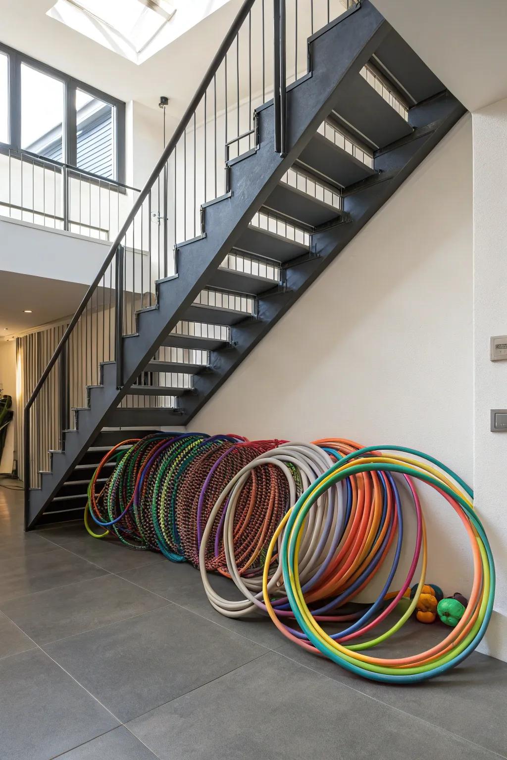 Creative circles smartly stored under a staircase, using spot that's often skipped over.