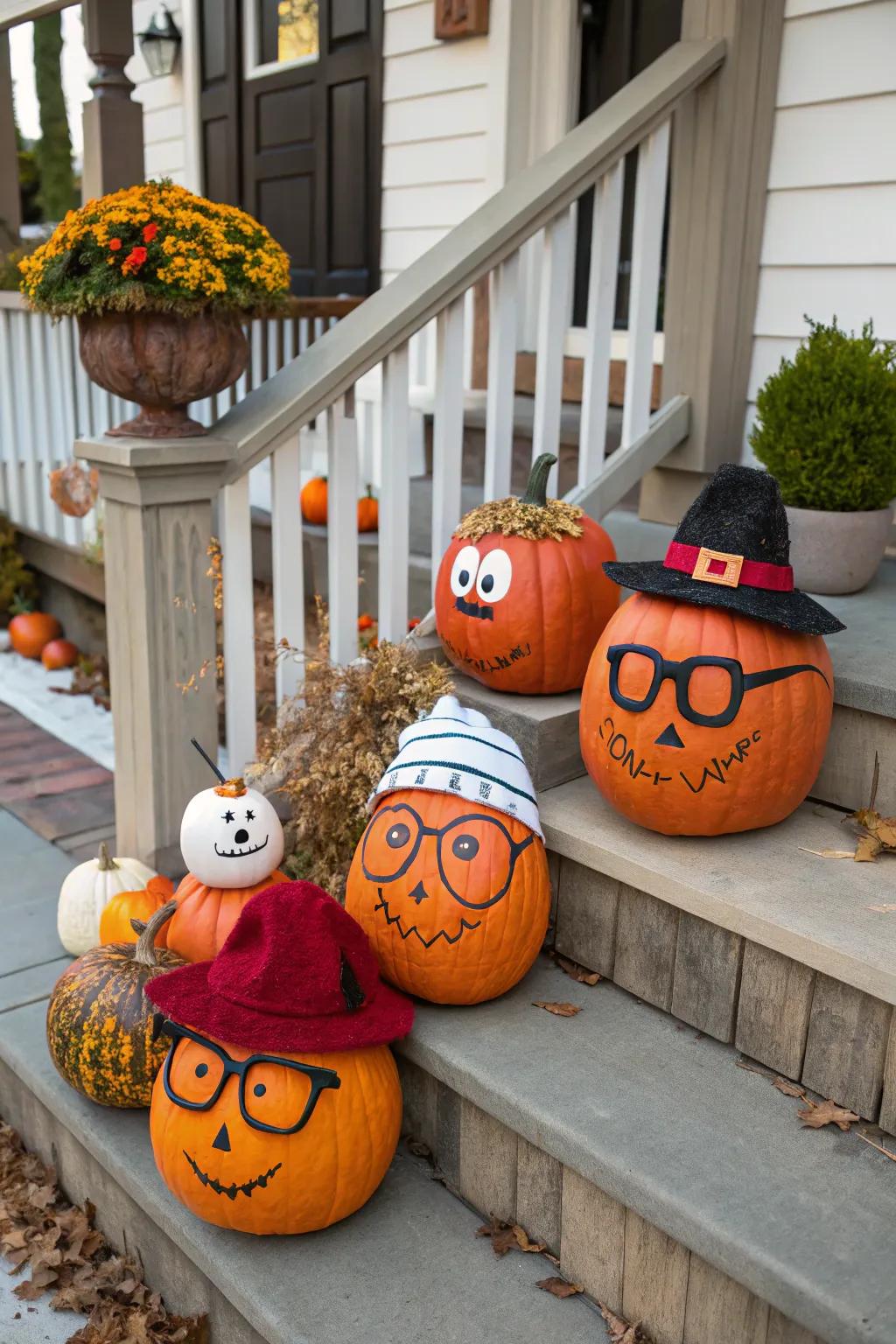 Pumpkins with personality adding fun and character to the decor.