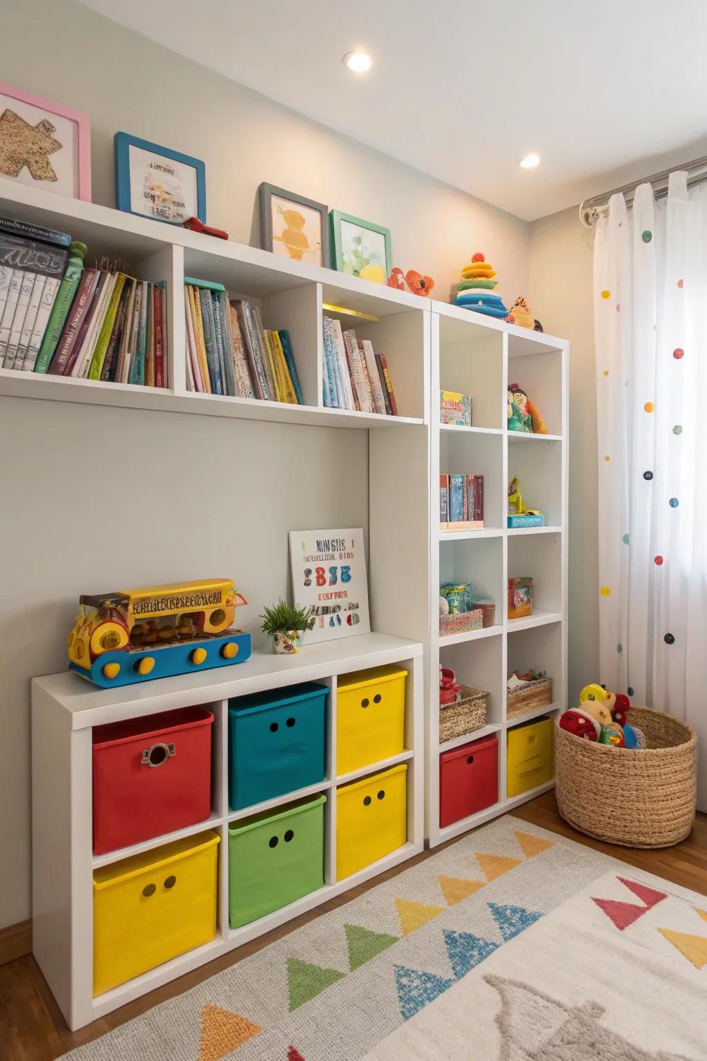 Infuse a playful and organized touch to kids' spaces with built-in shelves.