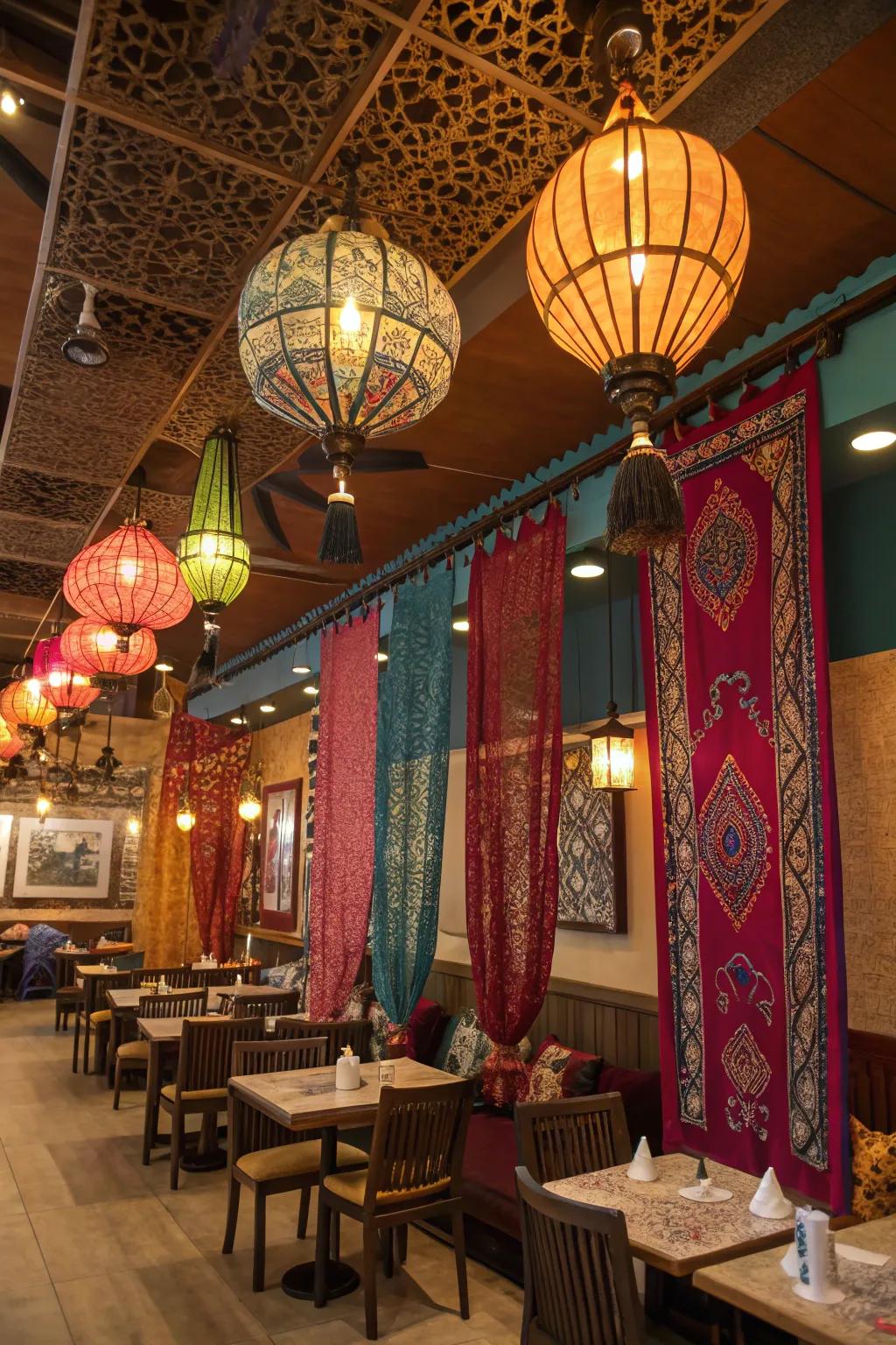 Creative use of vertical space in an Indian restaurant with hanging decor.