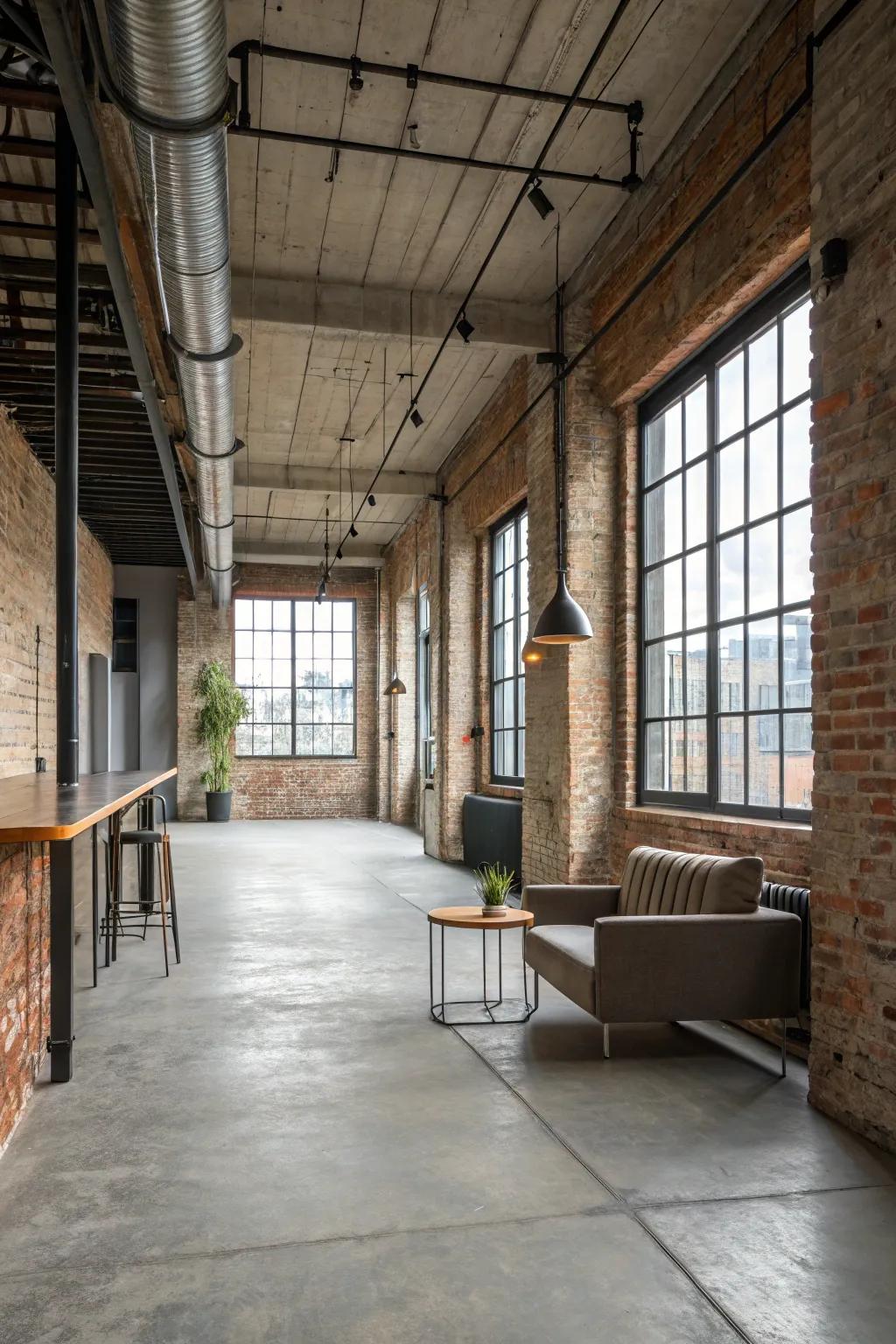 Raw concrete floors add an industrial touch.