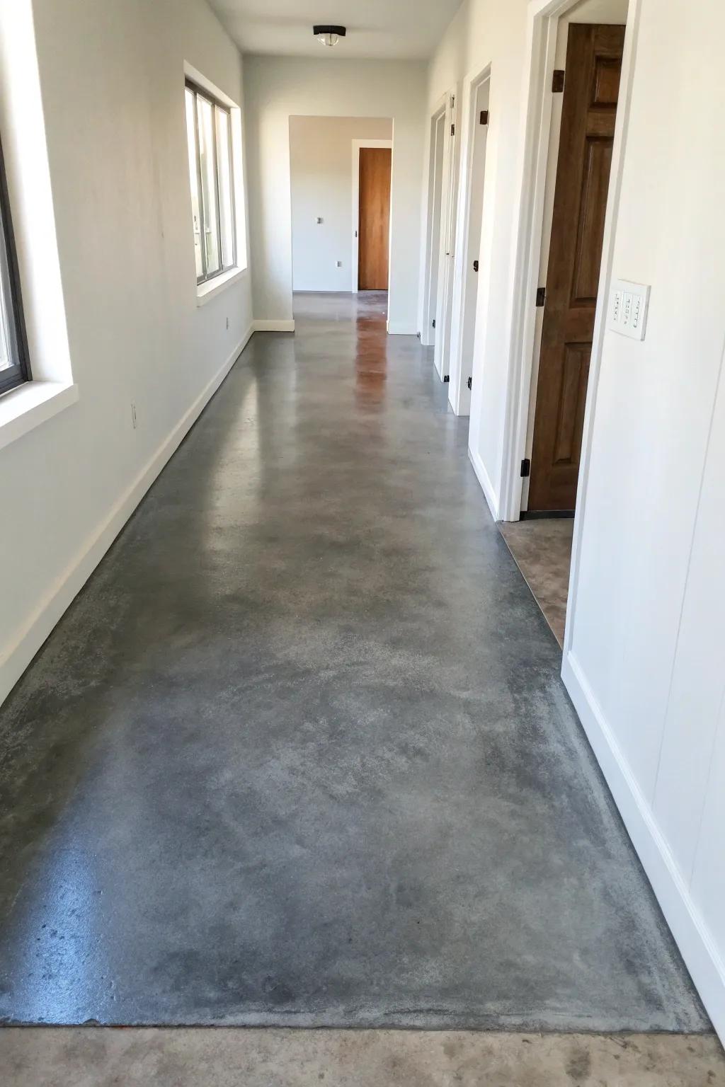 A modern ombre effect on a concrete floor adds depth and visual intrigue to this hallway.