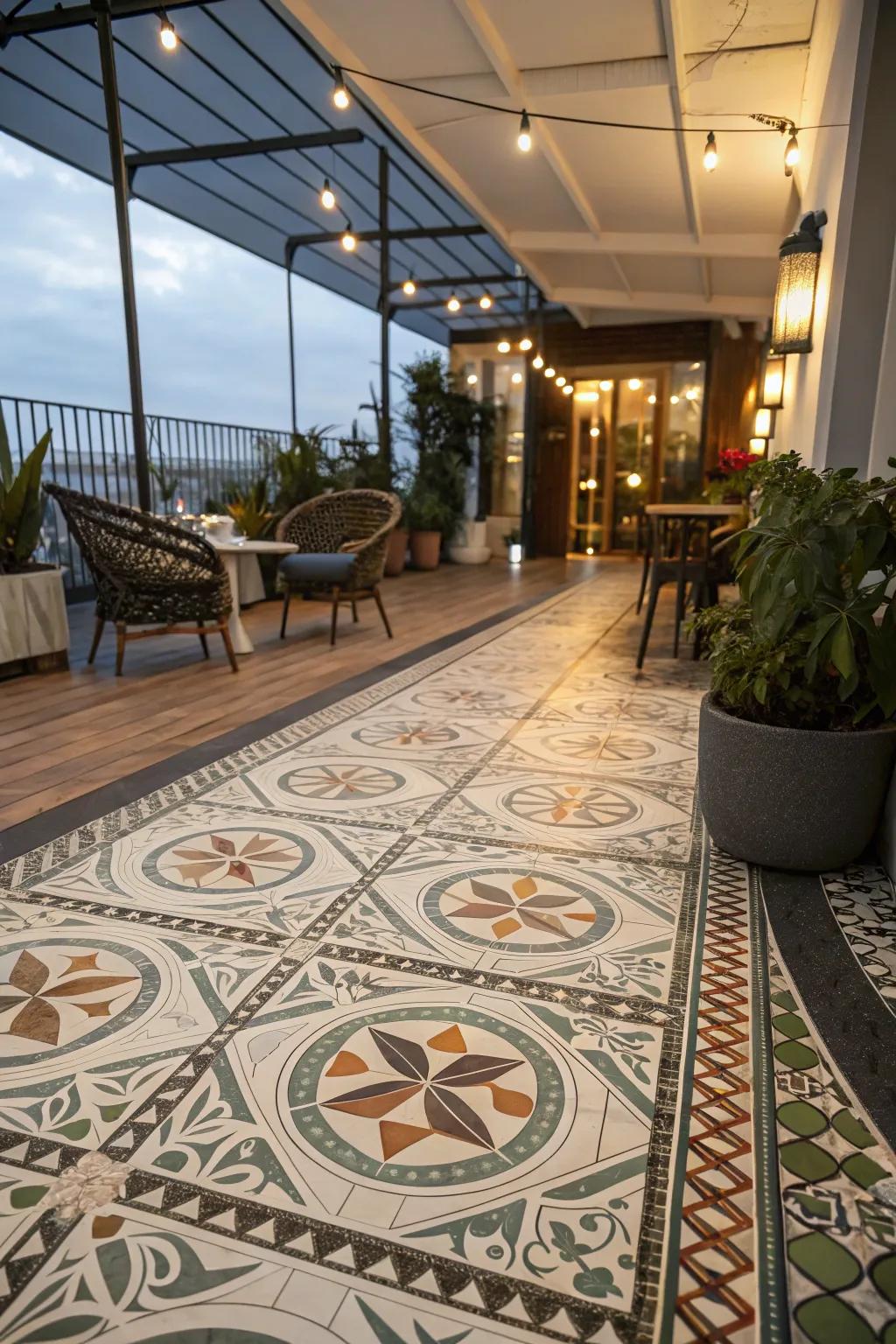 Artistic flooring adds character to this indoor deck.