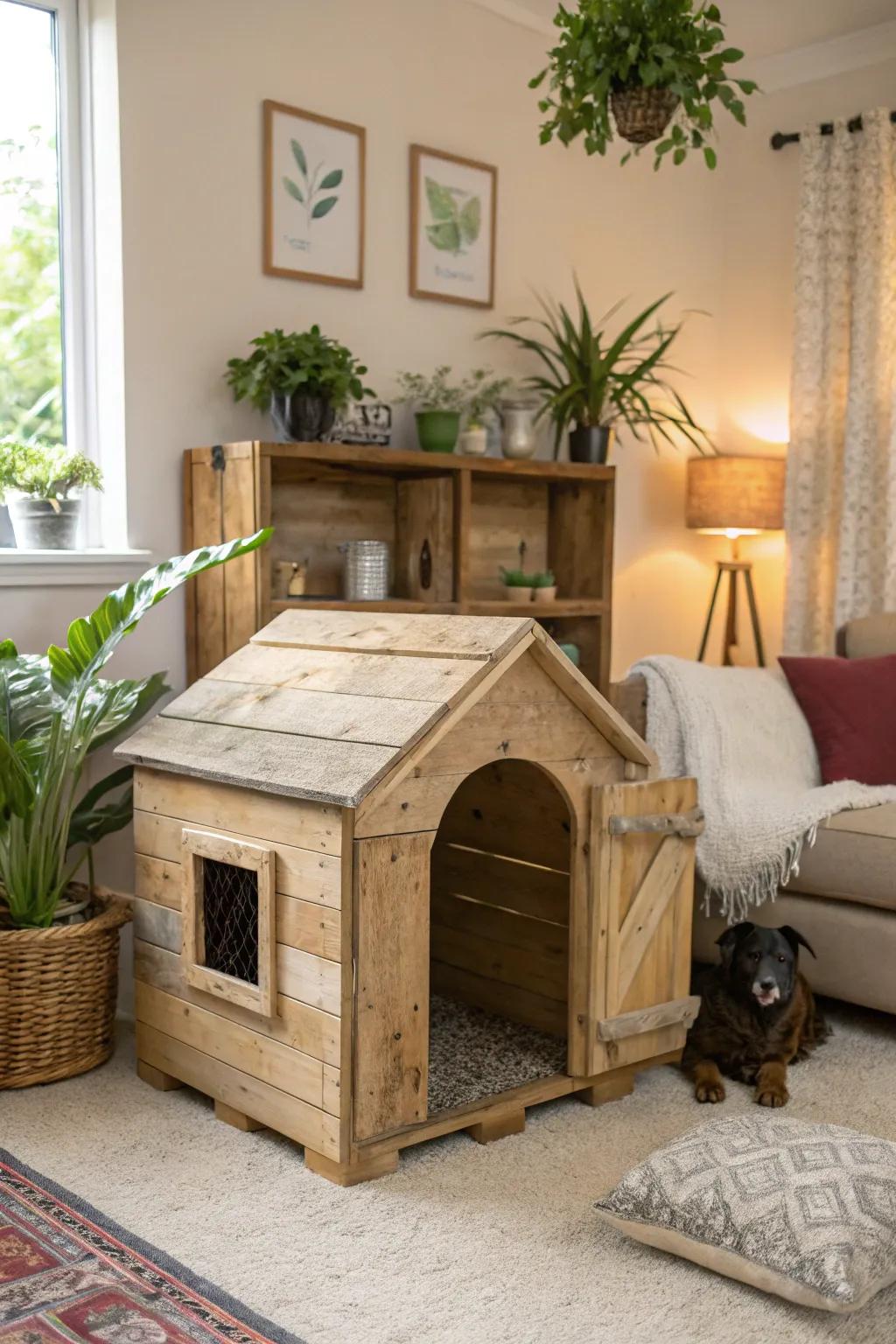 Natural beauty: an eco-friendly wooden dog house that elevates your home.