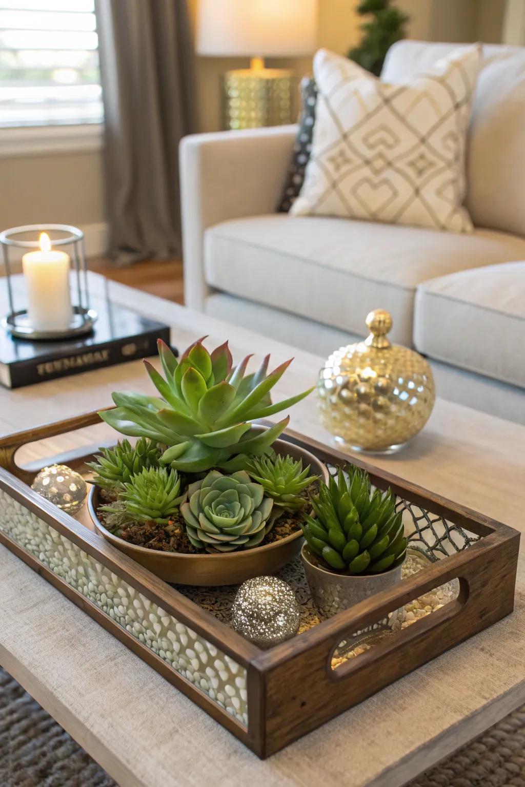 A center table tray including succulents introduces warmth and character.