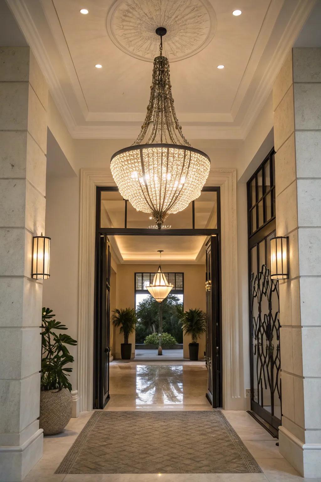 An ornamental illumination fixture functioning as artistry within an entryway.
