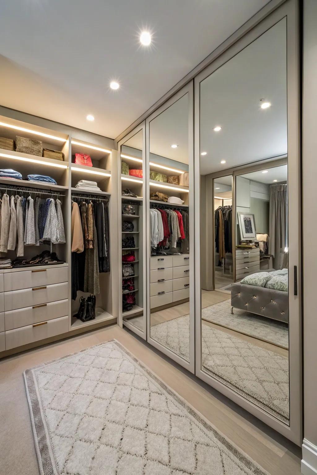 Mirrors give the illusion of space within an irregular closet.