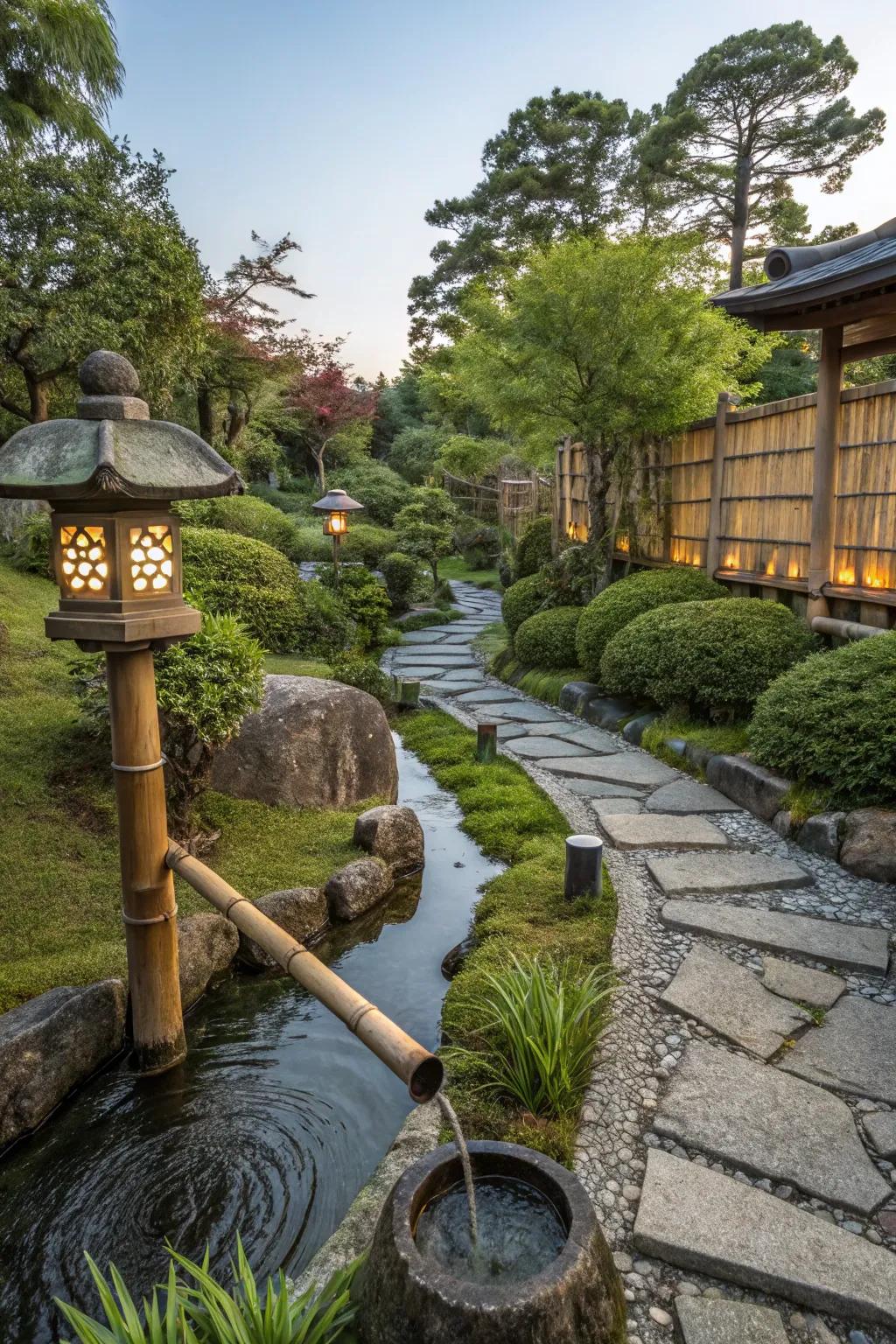 A shishi odoshi aquatic feature within a Japanese garden.
