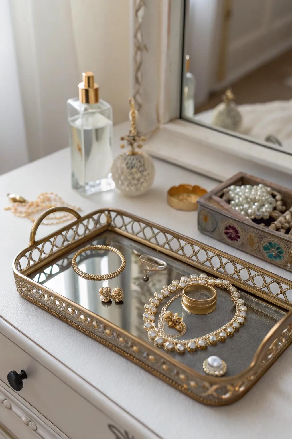 An antique mirror tray for a glamorous jewelry display