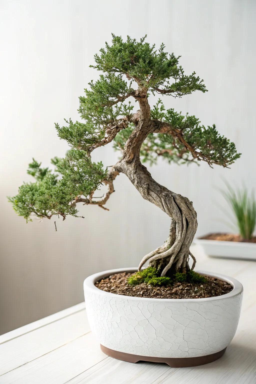 An exposed root juniper bonsai revealing its striking roots within a minimalist receptacle.