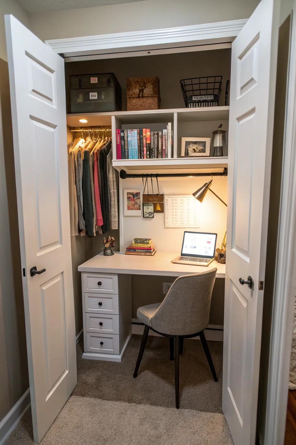 A study corner hidden inside a closet.