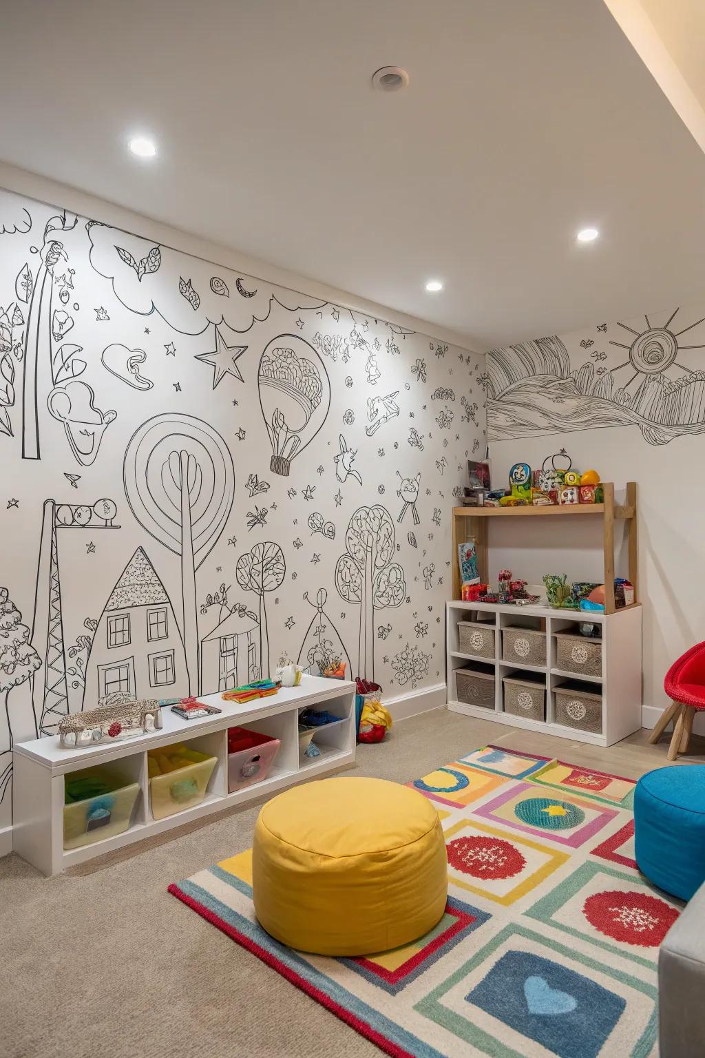 A playroom showcasing scribble-inspired wallpaper, fitting for creative minds.