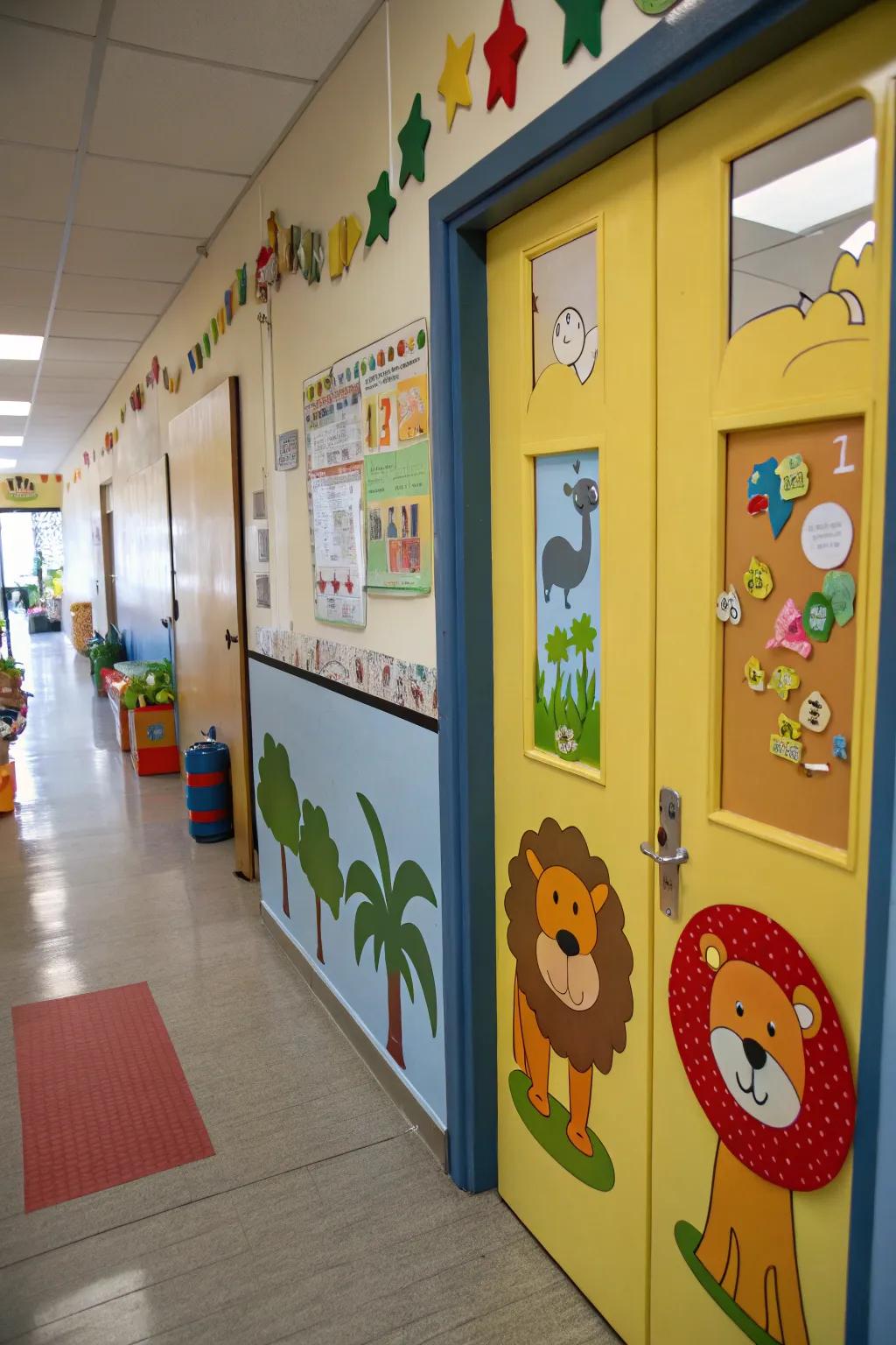 A kindergarten door with diverse fauna cutouts for a spirited theme.