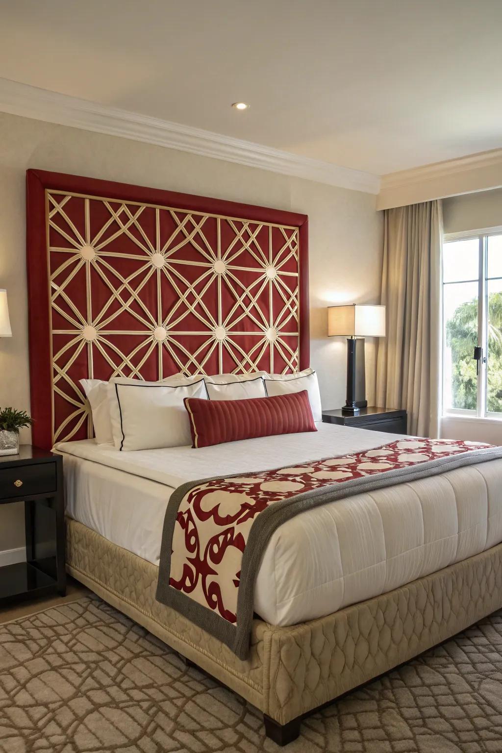 A statement headboard commands attention and anchors the room’s design.