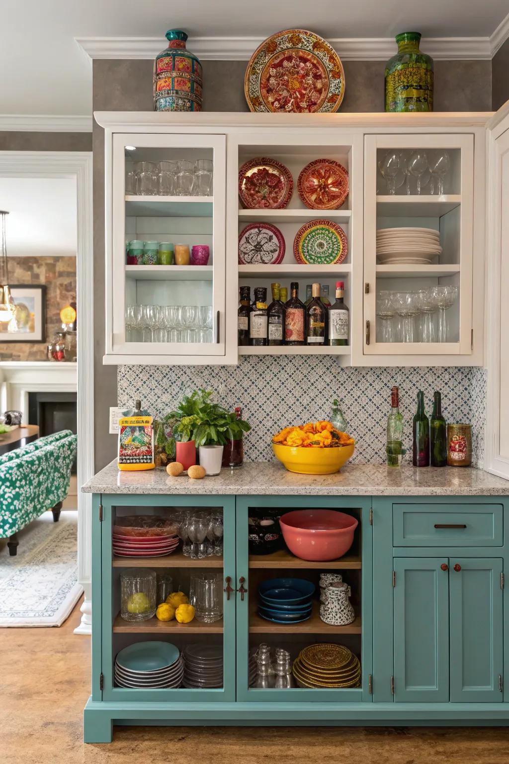 An artistic mix of styles creates a unique bar cabinet.