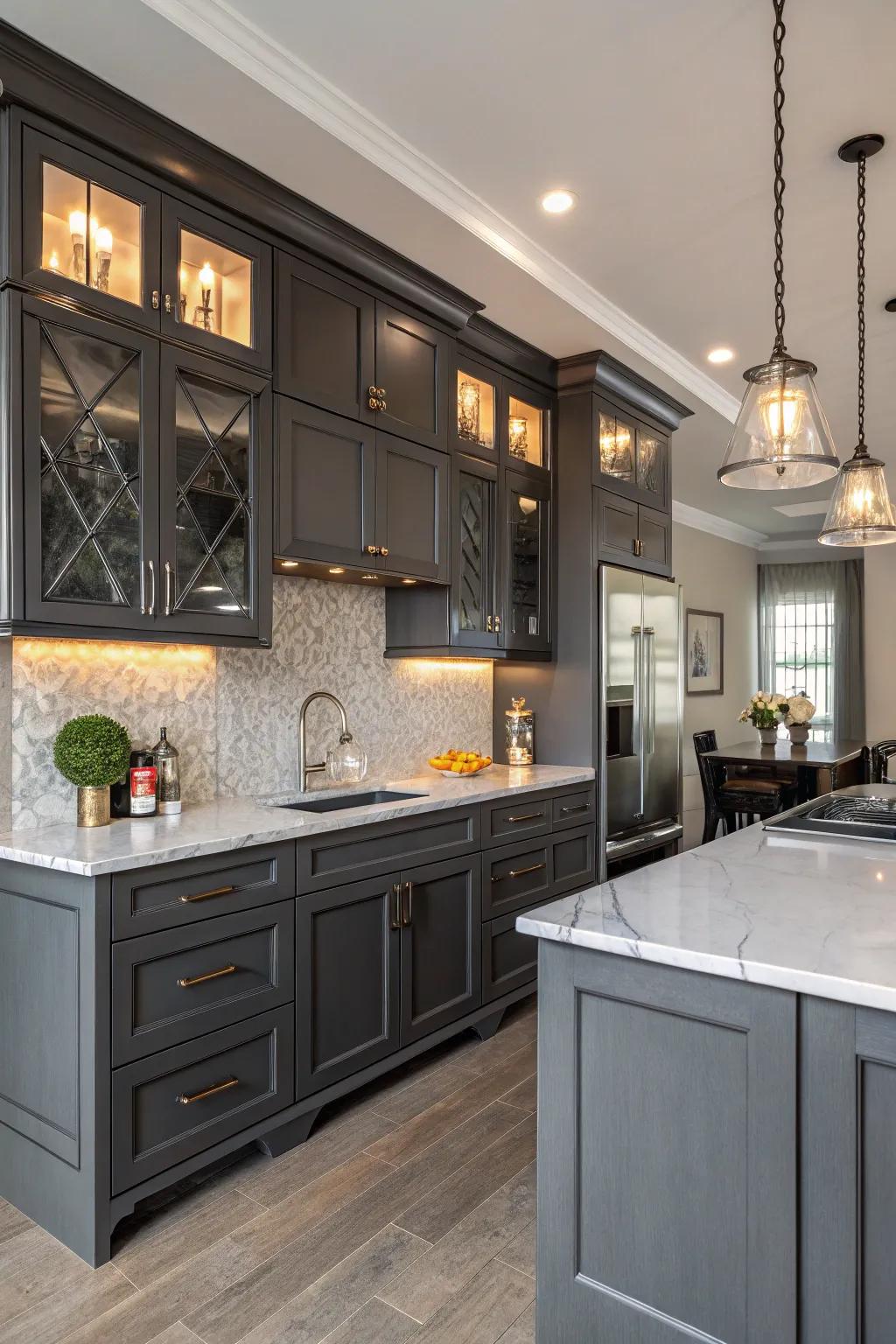 Charcoal gray cabinets offer a bold, sophisticated kitchen look.