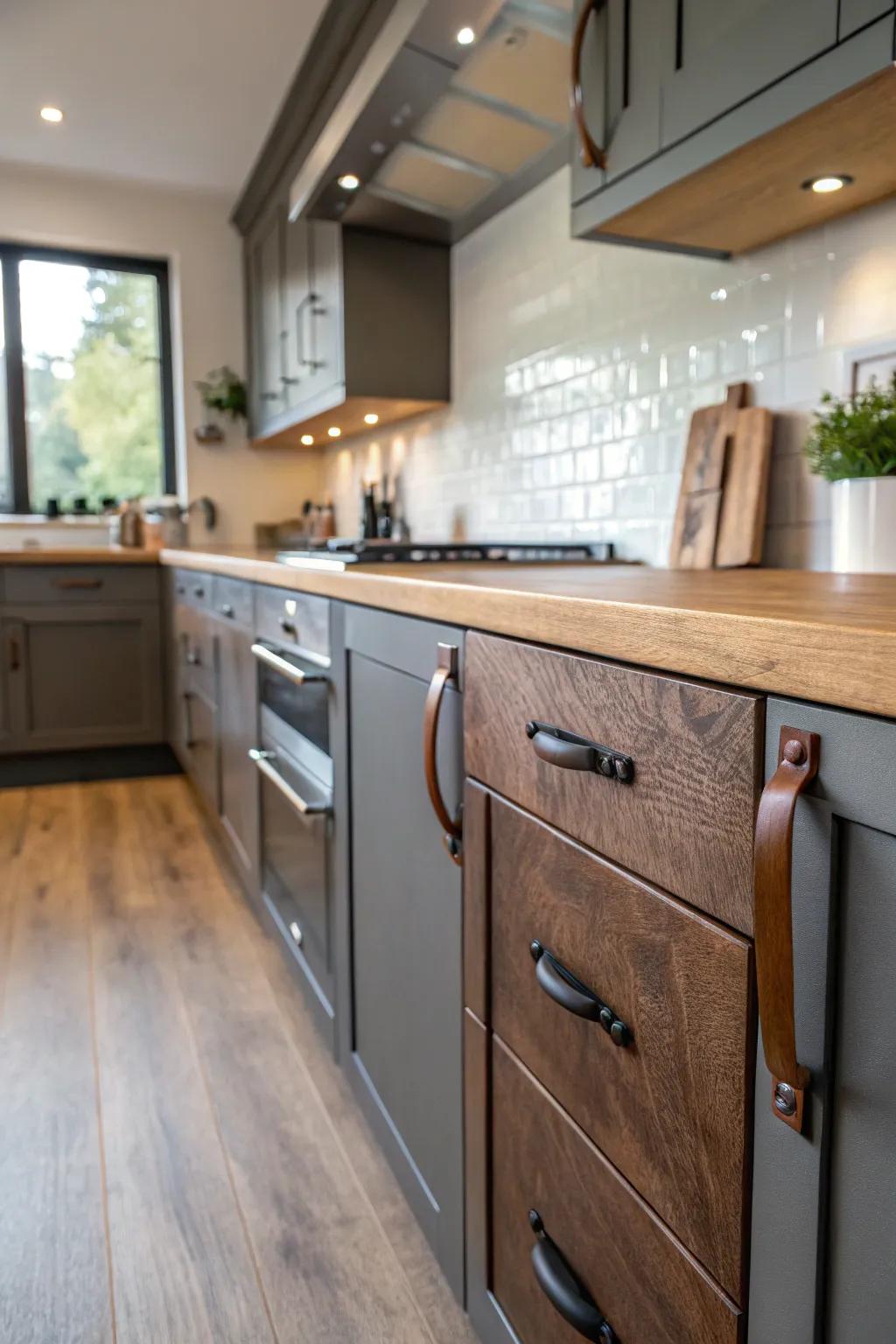 Leather accents add warmth and luxury to kitchen decor.