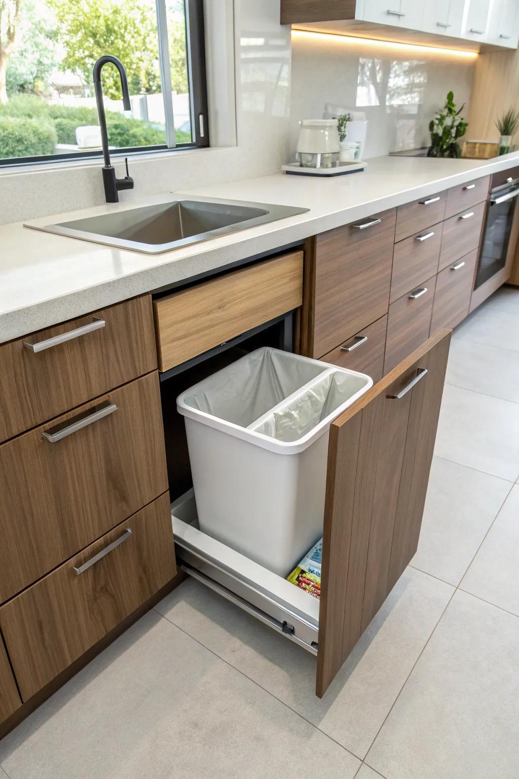 A hidden trash disposal keeps your kitchen clean and clutter-free.