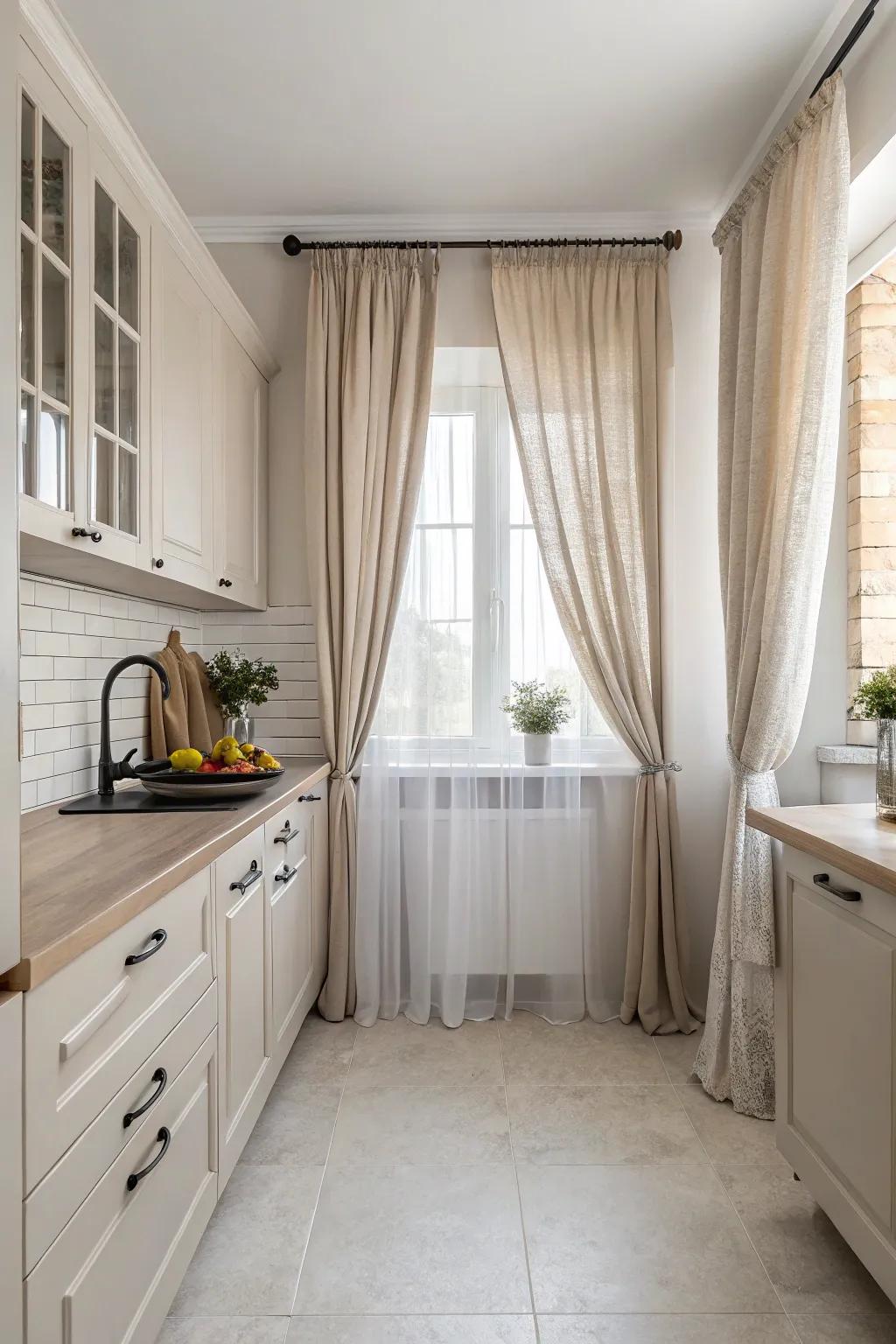 Neutral window coverings offer a serene and cohesive kitchen design.