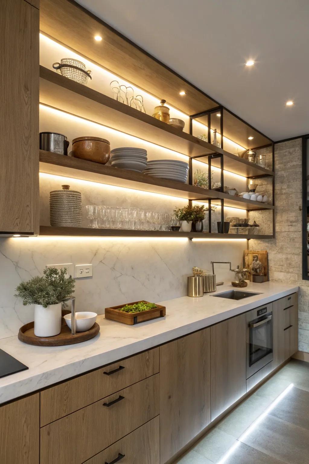 Built-in lights add warmth to your shelves.