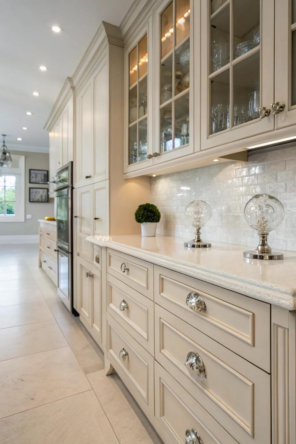 Elegant vitreous knobs that add glamour and light to the kitchen.