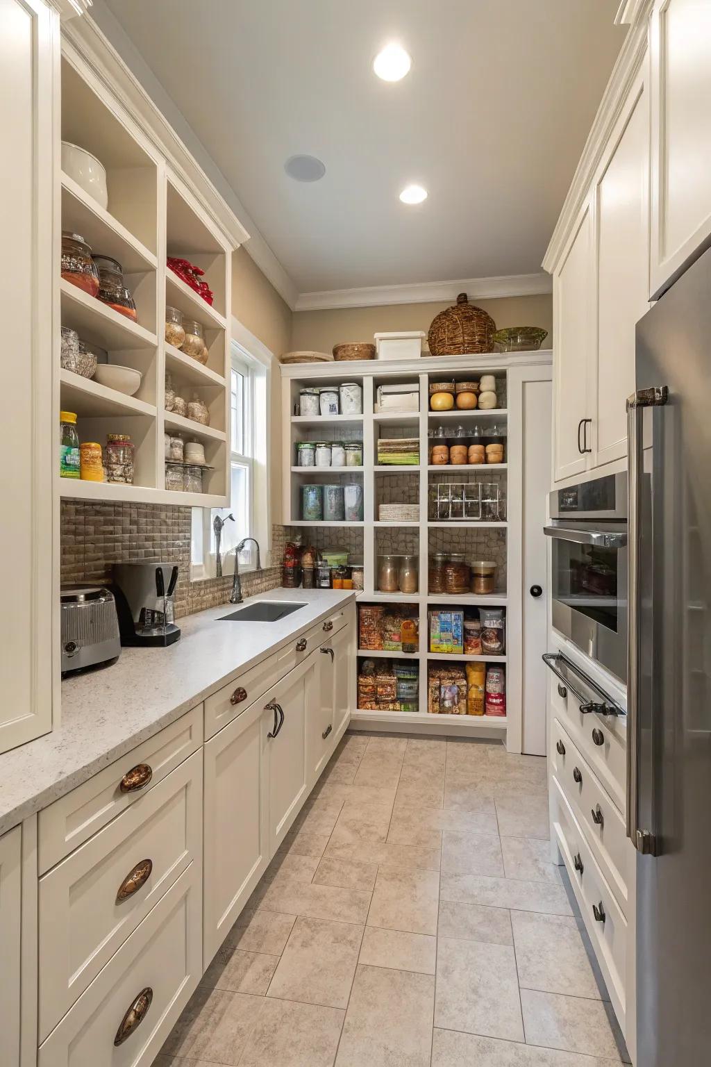 A cooking area featuring a walk-in pantry intended for optimum storing.