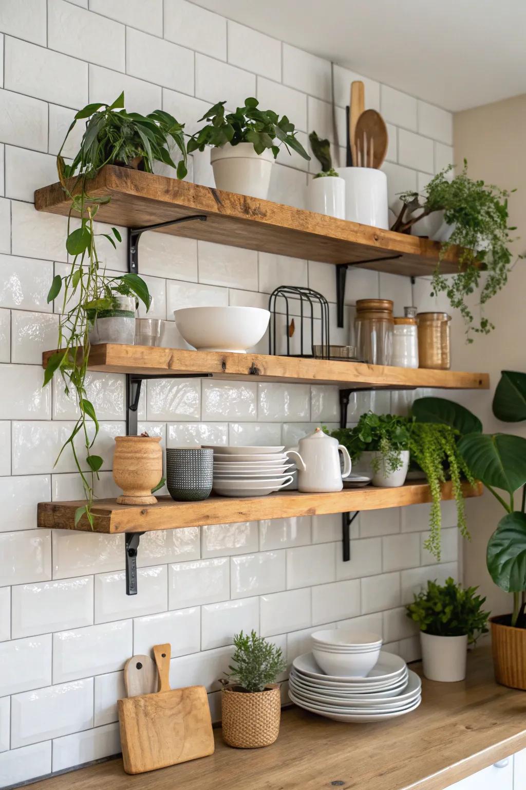 Natural edge shelves introduce organic elegance to your kitchen space.