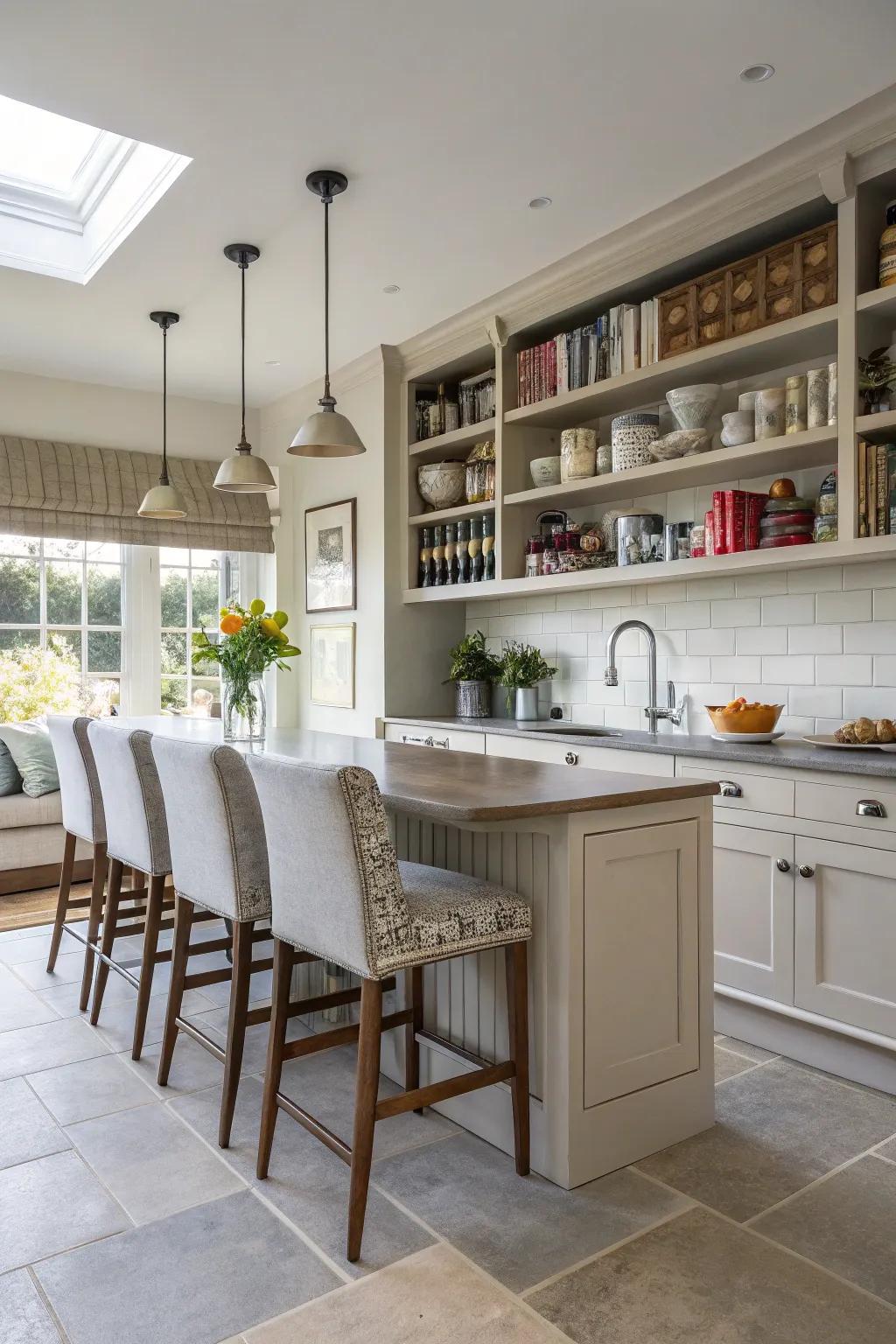 Vertical space adds depth and interest to kitchen seating.