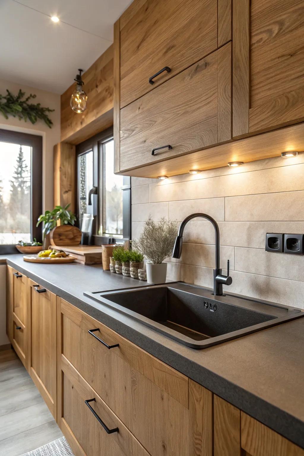 A cozy kitchen featuring natural wood elements around the sink.