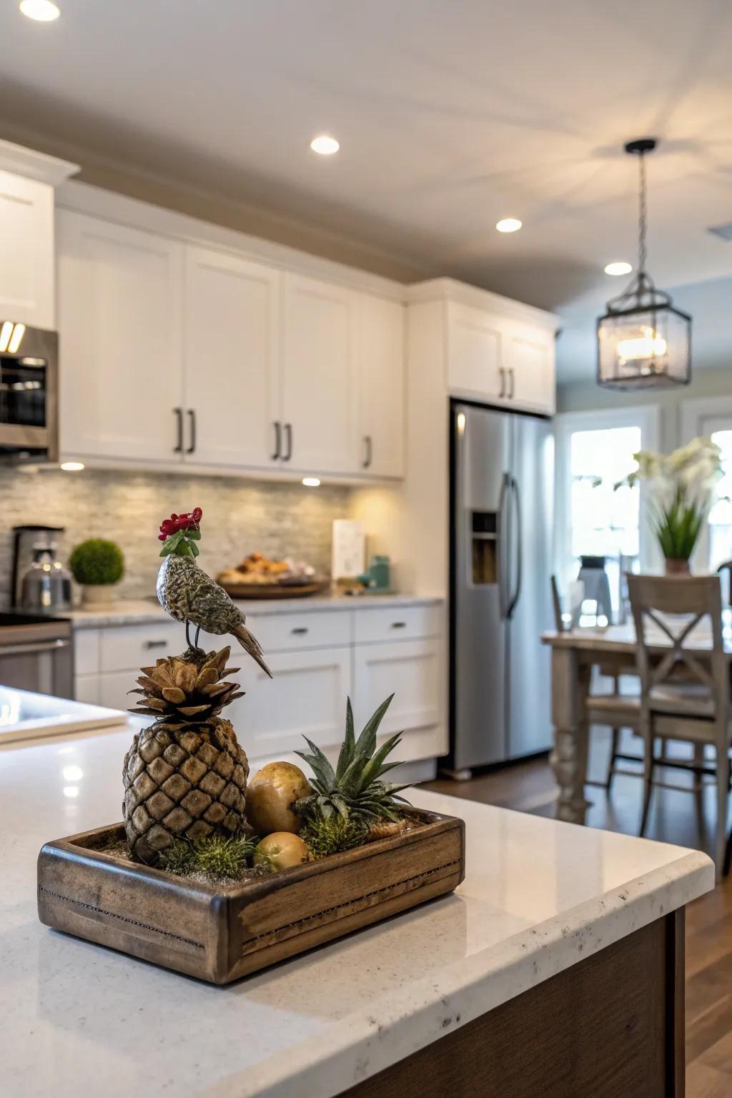 Unexpected decor elements add a touch of intrigue to the kitchen.