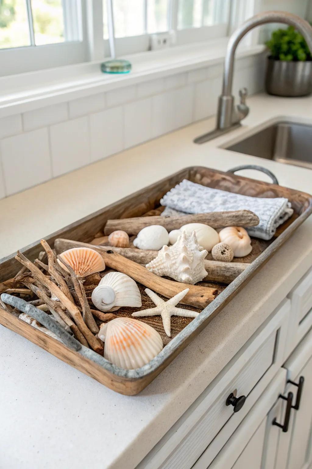 Shells and driftwood evoke a quiet coastal atmosphere.