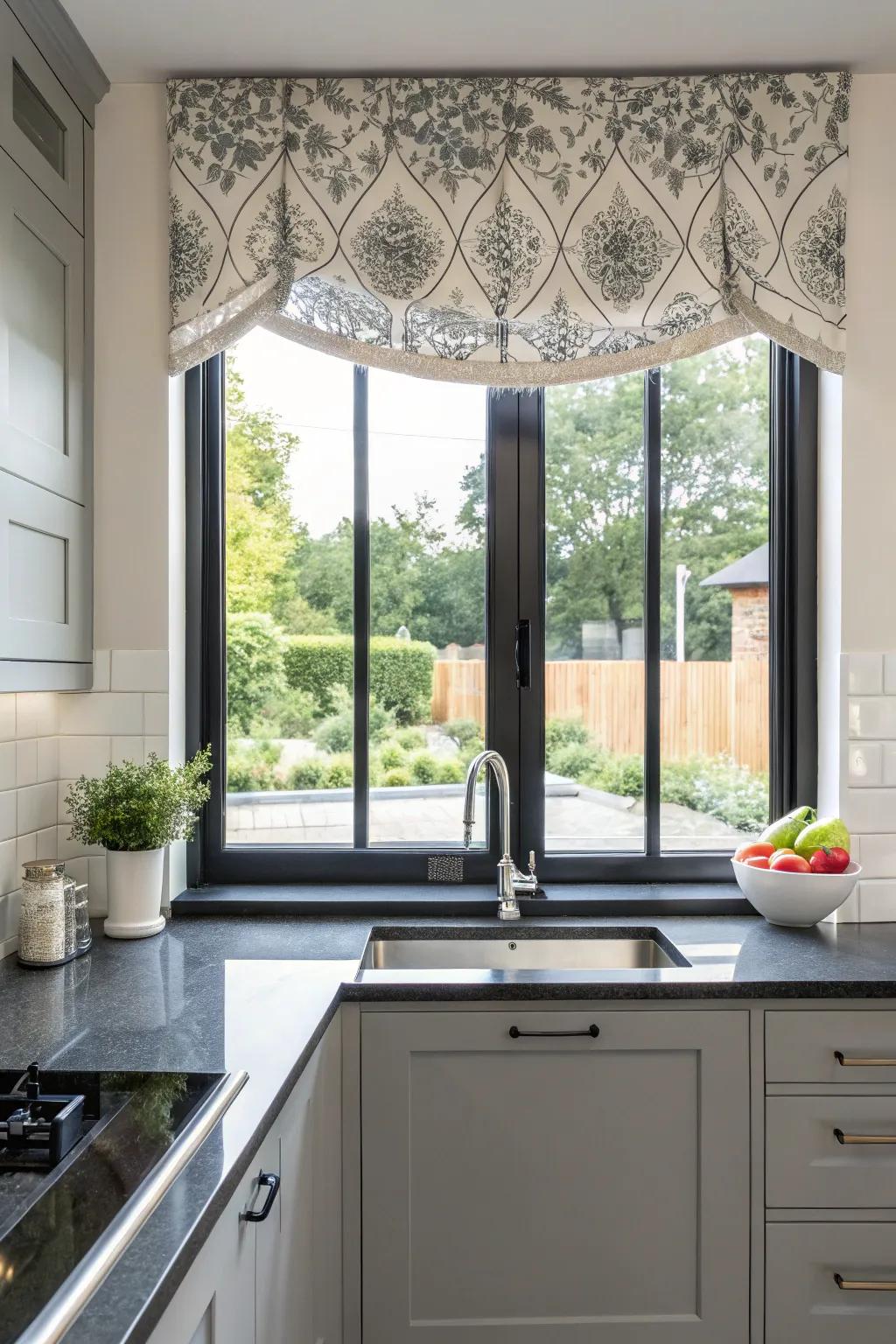 Add contemporary flair with off-center valances.