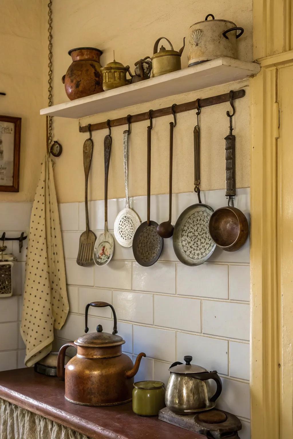 A kitchen wall showcases a charming display of classic tools.