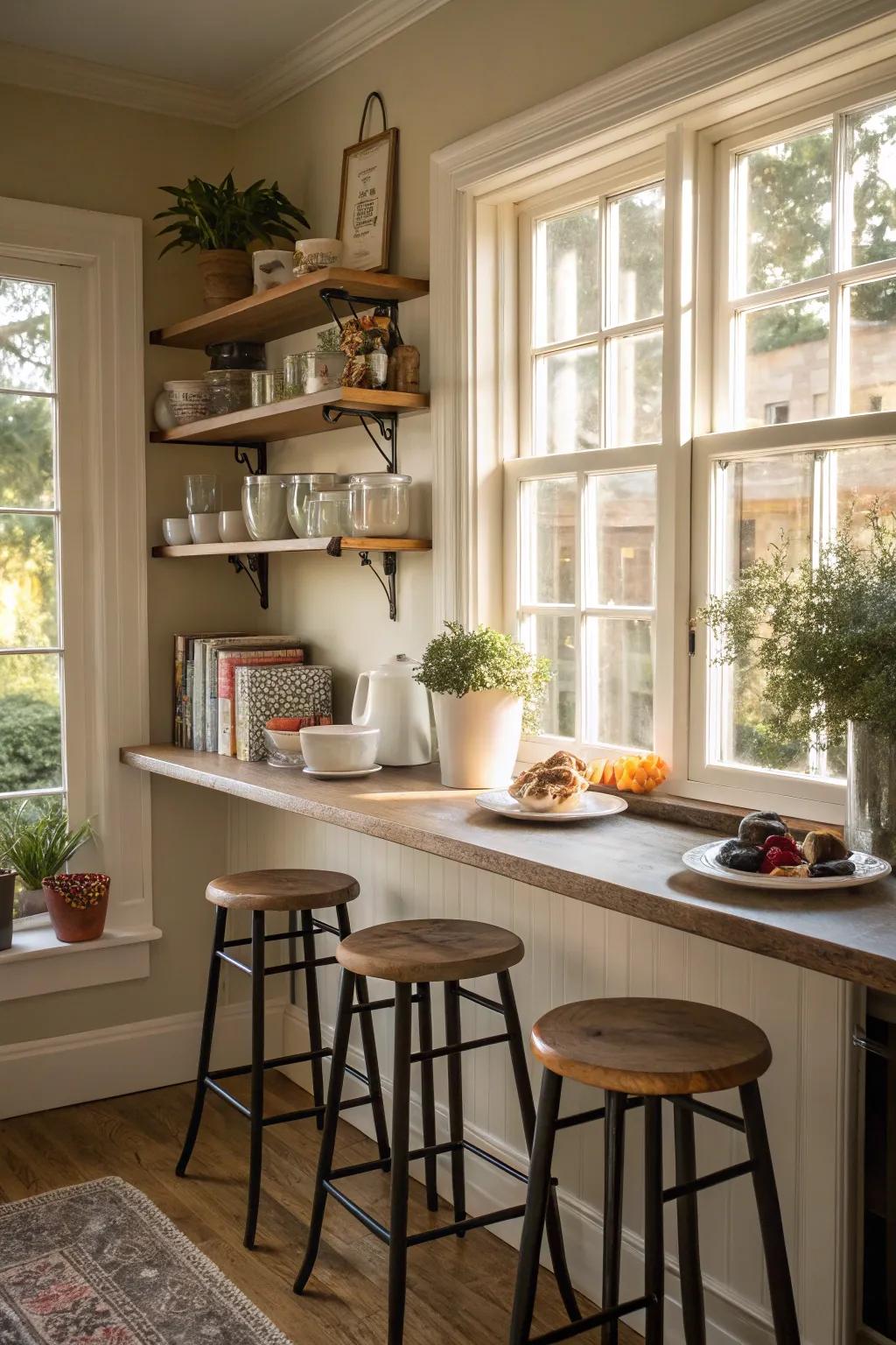 A breakfast nook set by the window shelves is perfect for enjoying morning coffee.