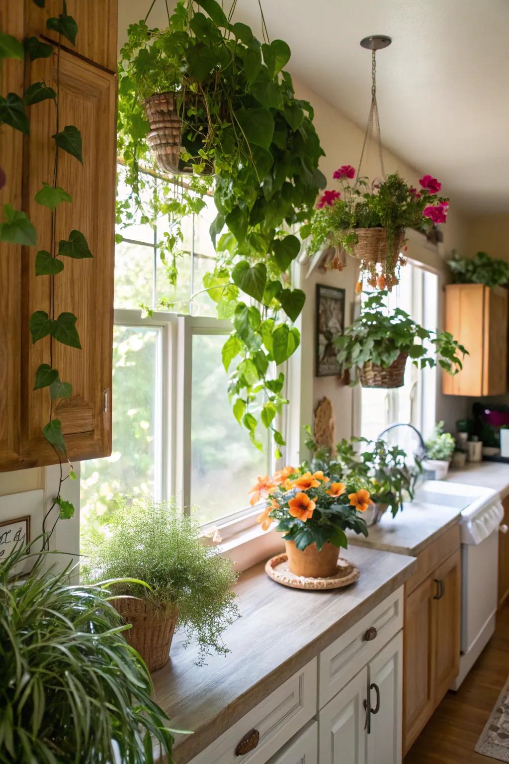 Plants around the window add liveliness and a natural touch.