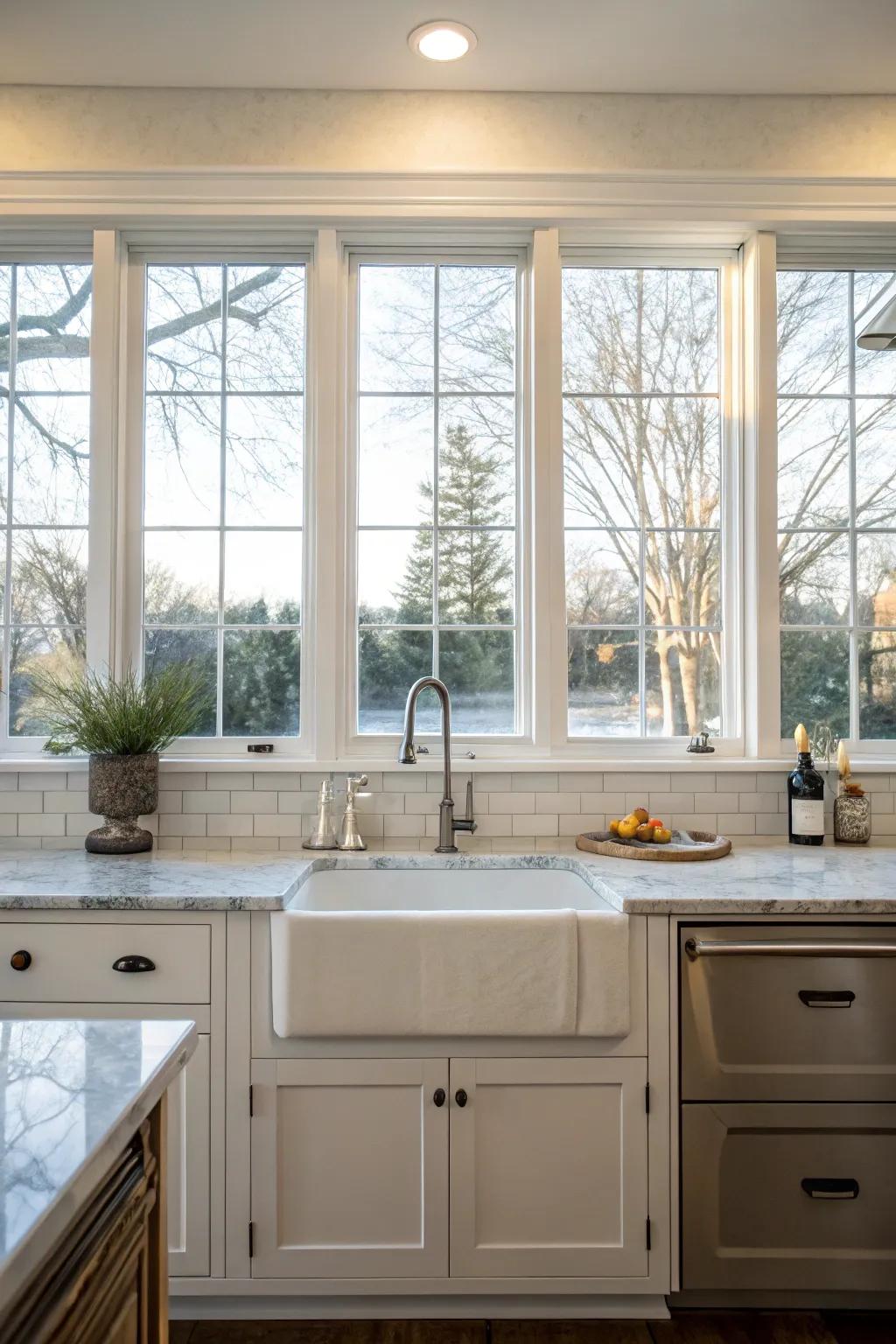 An innovative kitchen using windows as the feature wall.