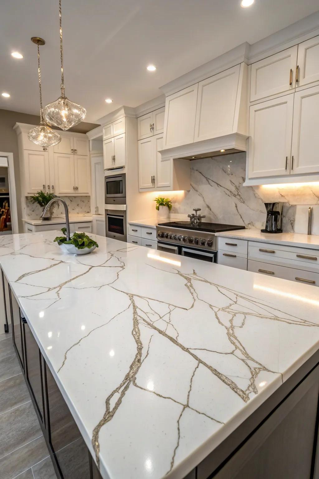 Dynamic veining in quartz for an eye-catching design.