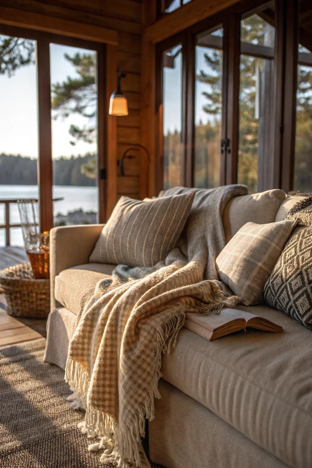 Textured fabrics introduce dimension and warmth.