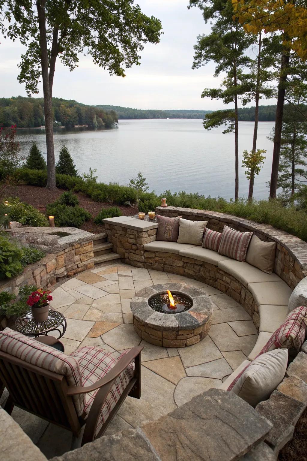 A sunken fire pit is a hidden and private place by the lake.